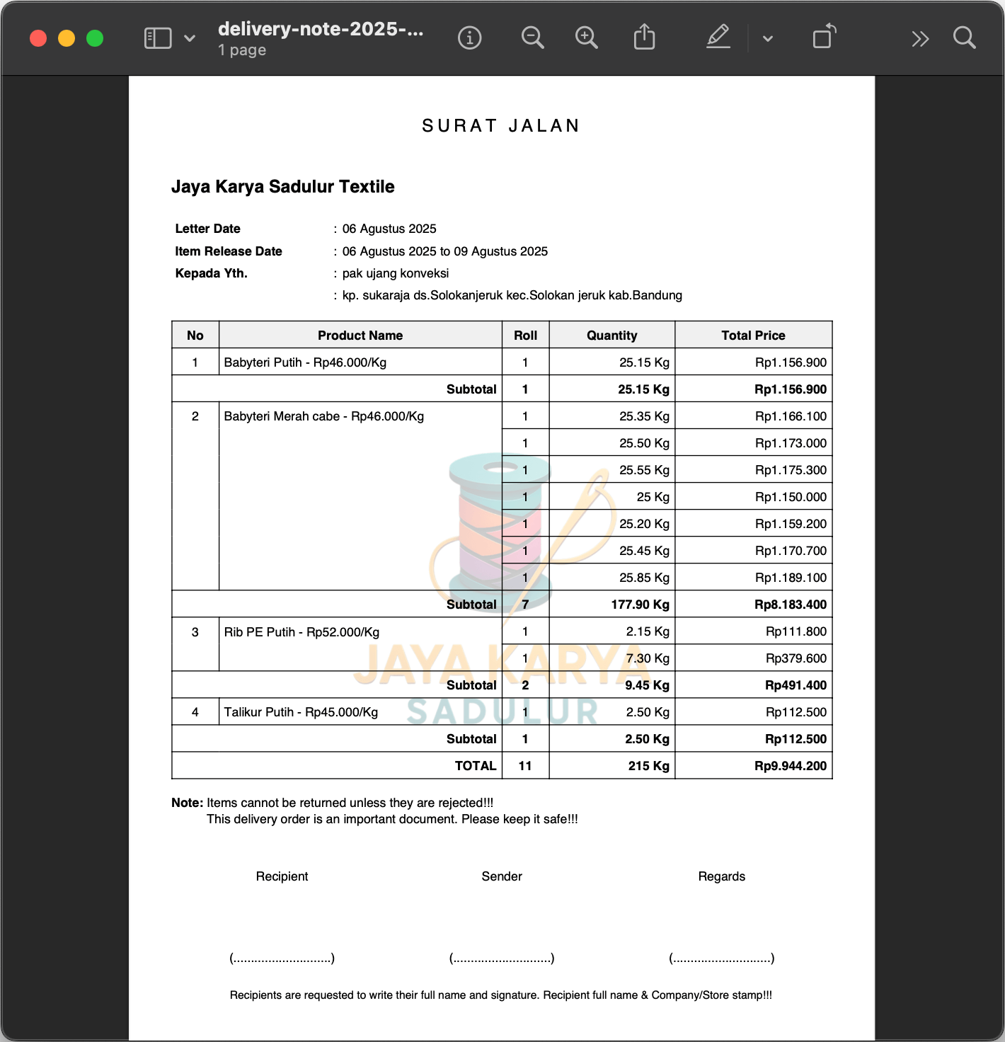 Delivery Note of Jaya Karya Sadulur