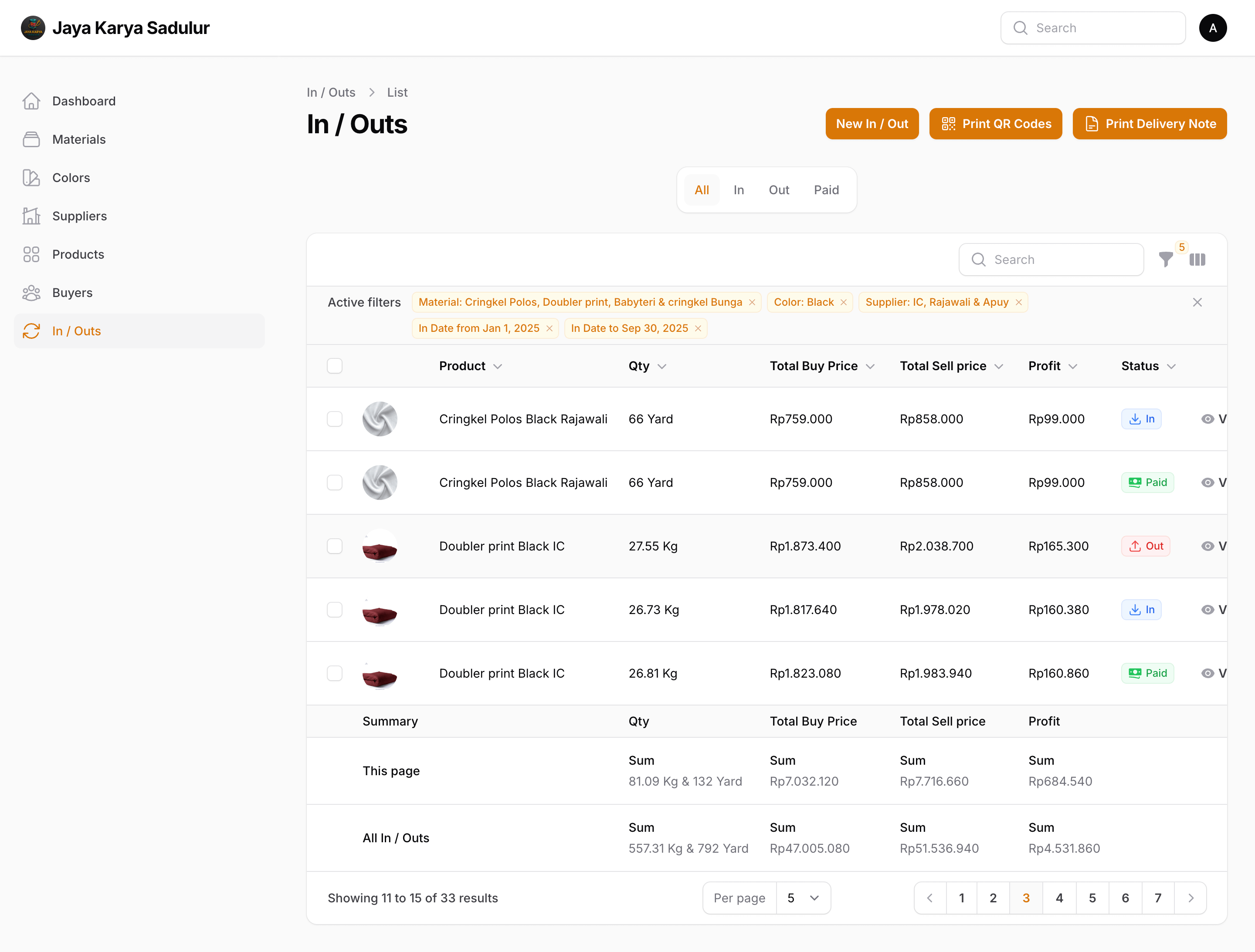 Transaction List of Jaya Karya Sadulur